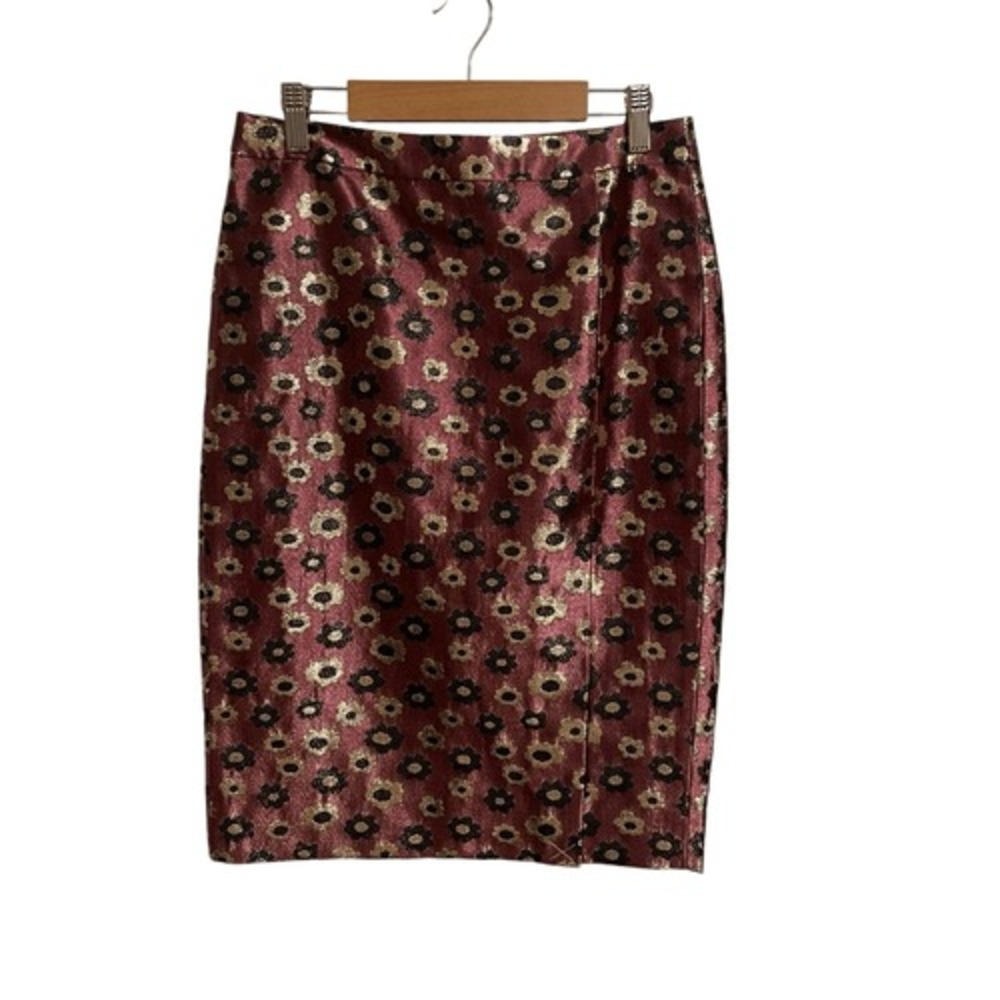 J.Crew Collection Metallic Floral Brocade Wool Pencil Skirt Burgundy Gold